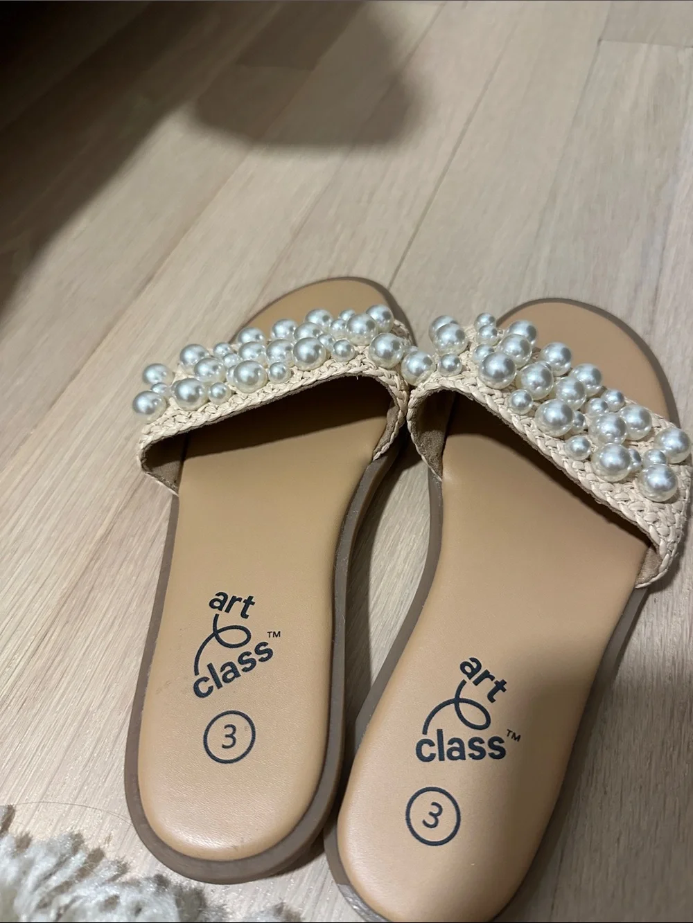 art class Beige Pearl-Embellished Slide Sandals